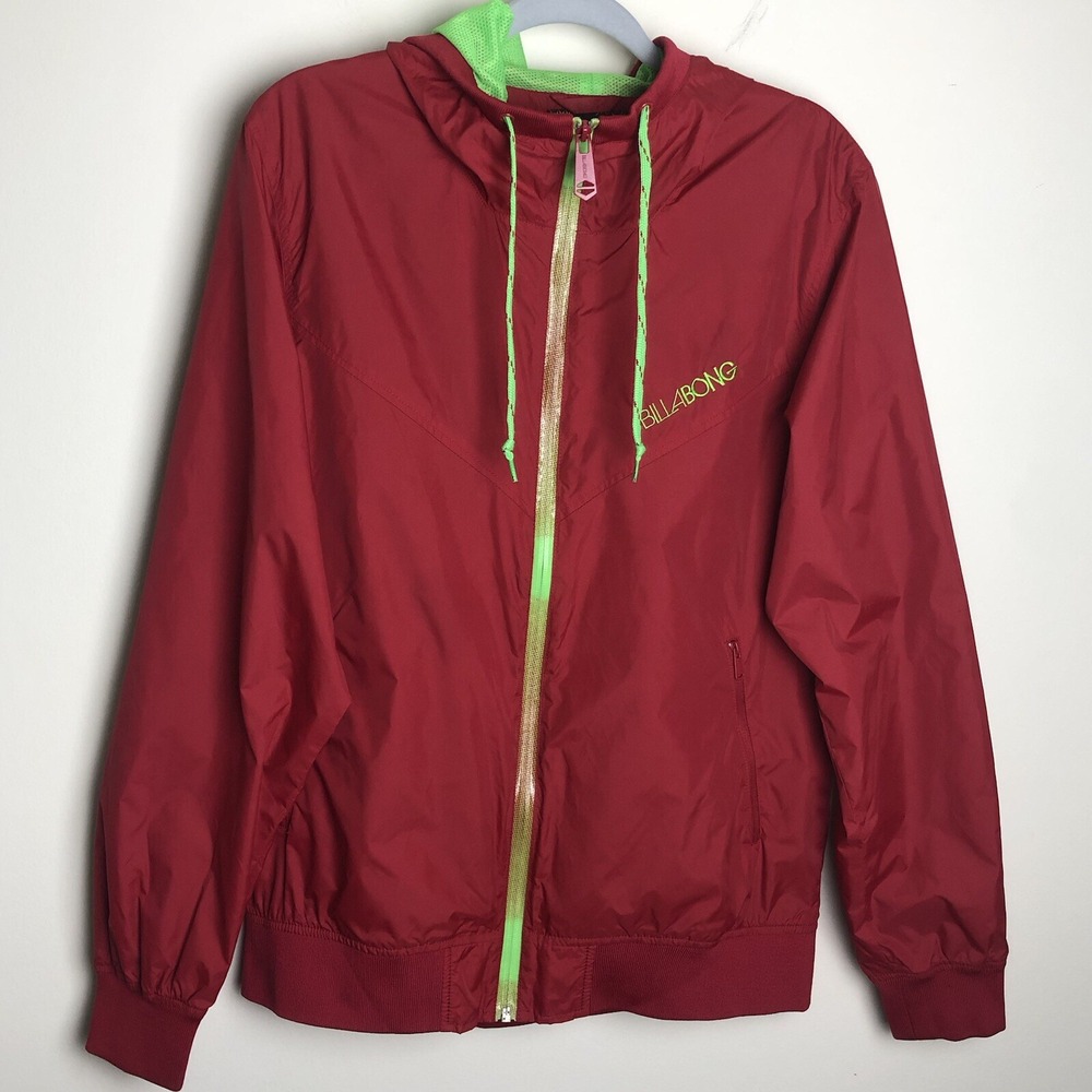 Billabong Jacket Mens Medium Red Full Zip Hooded Windbreaker Rain Coat Surf